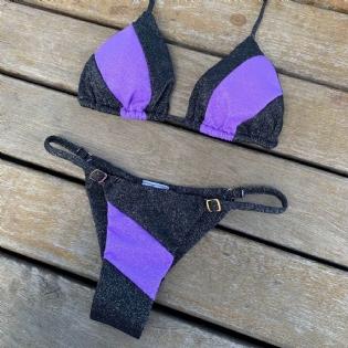 Biquini Cortininha Lurex Preto Roxo Calcinha Fio Duplo Regulável